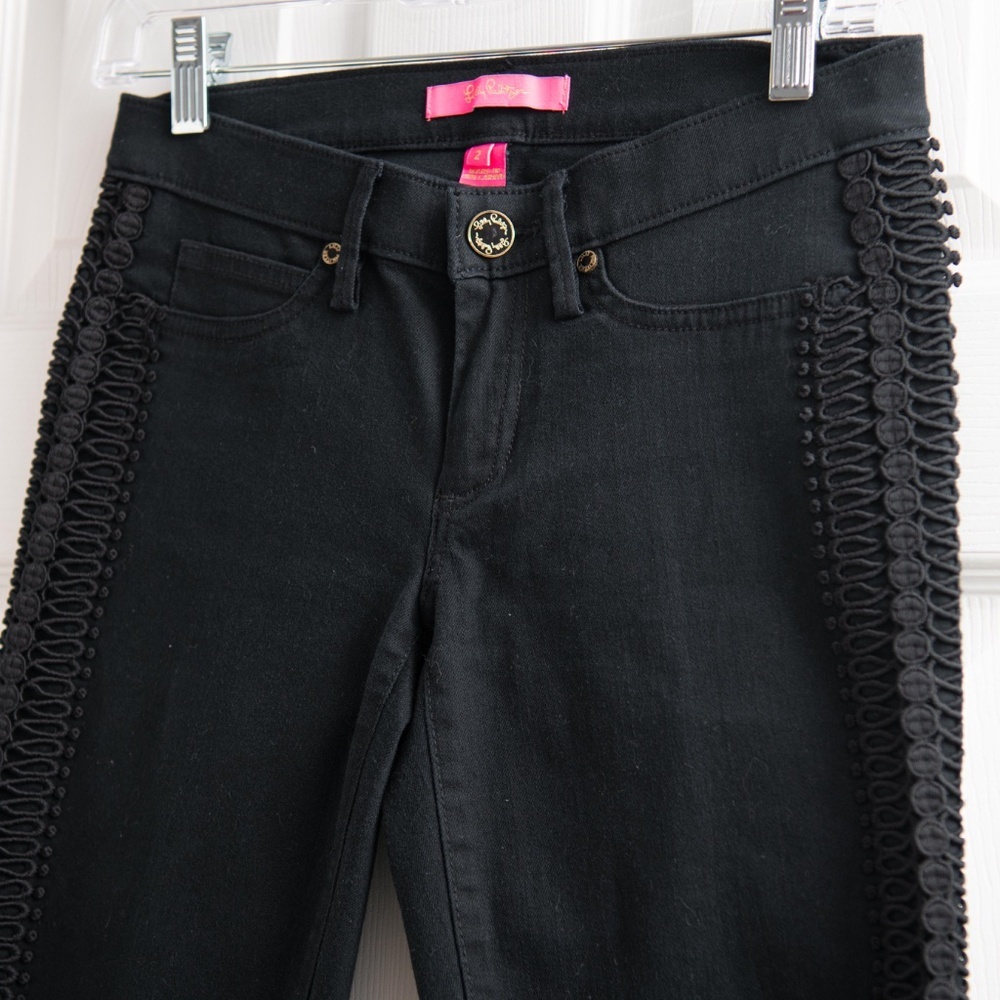 LILLY PULITZER Onyx Black Jeans Lace‎ Trim South Ocean Skinny Super Stretch Sz 2
